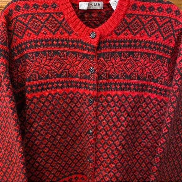 Vintage Chaus Button Down Red Cardigan snowflake winter wool Medium pullover - Picture 3 of 4